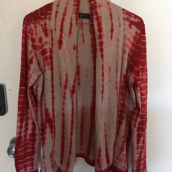 Lynx Tops - Tie-dye Red/Cream Open Cardigan Jacket Size M Rayon/Nylon Long Sleeves